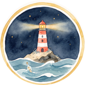 Logo di Mardam: un faro a strisce rosse e bianche su uno scoglio, di notte, con una bottiglia che galleggia sul mare