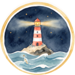 Logo di Lumesera: un faro a strisce rosse e bianche su uno scoglio, di notte, con una bottiglia che galleggia sul mare