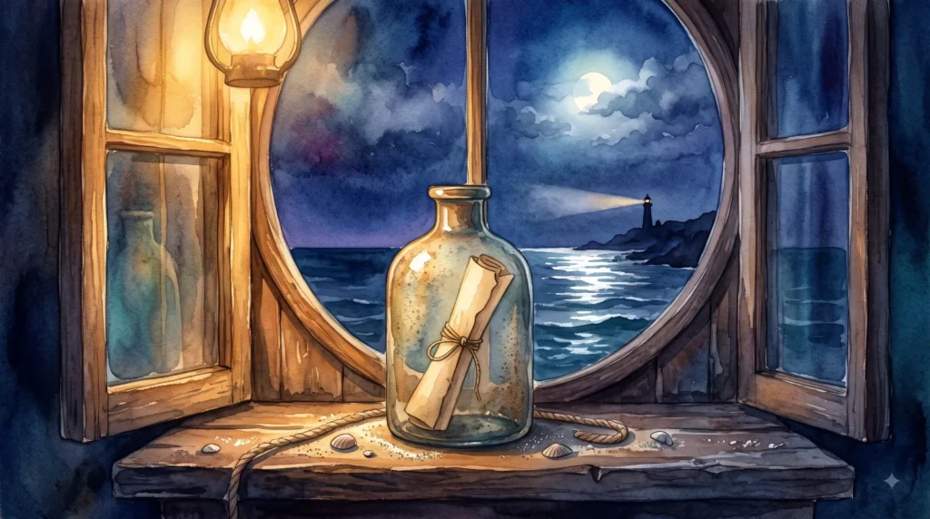 Bottiglia con un messaggio sul davanzale di una finestra rotonda, di notte, con la luna e il faro sul mare